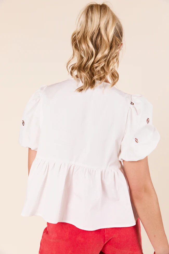 Angela Short Sleeve White Embroidered Football Peplum Top - Terpint
