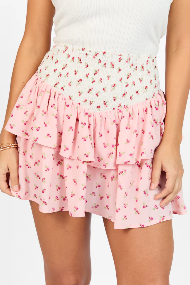 Special Day Ivory and Pink Multi Floral Color Block Tiered Skort FINAL SALE - Terpint