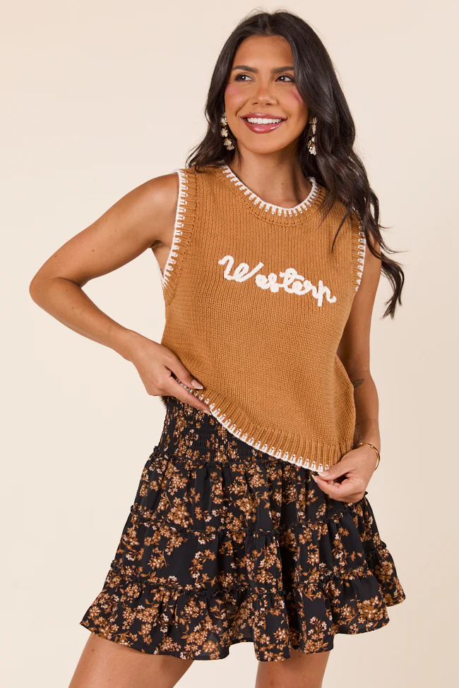 Selah Sleeveless Brown Western Sweater Vest - Terpint