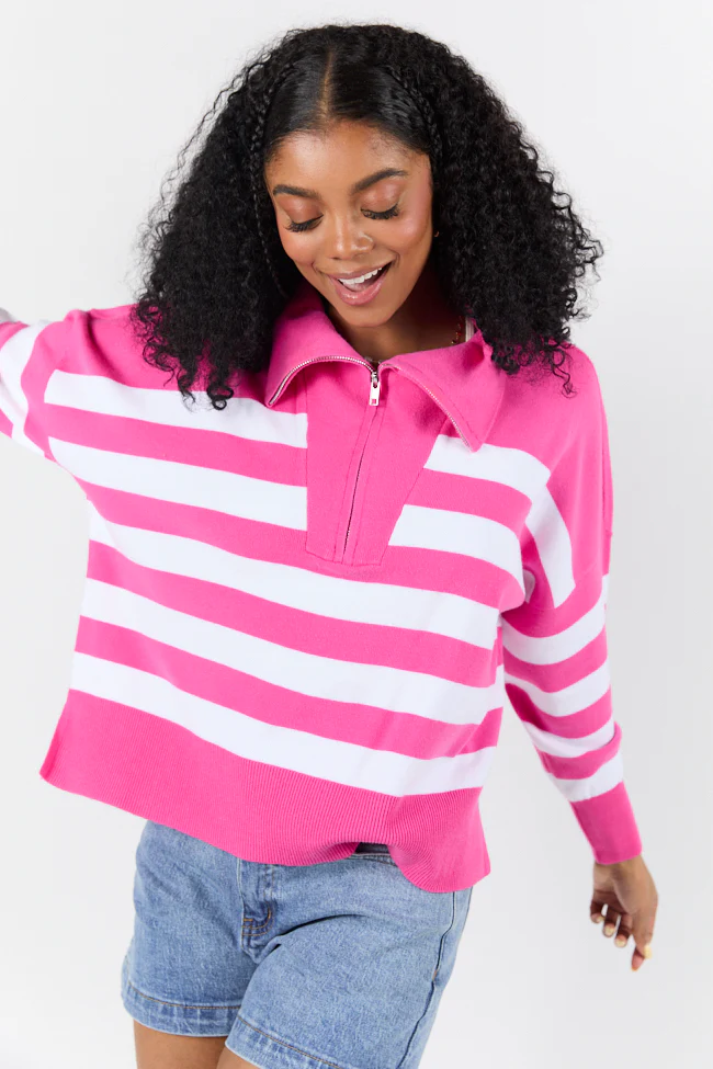 Pulling Heartstrings Hip Length Pink Stripe Quarter Zip Pullover FINAL SALE - Terpint