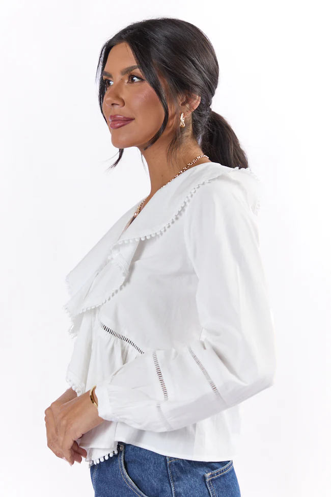 Burn The Breeze Ivory Ladder Detail Ruffle Front Blouse FINAL SALE - Terpint