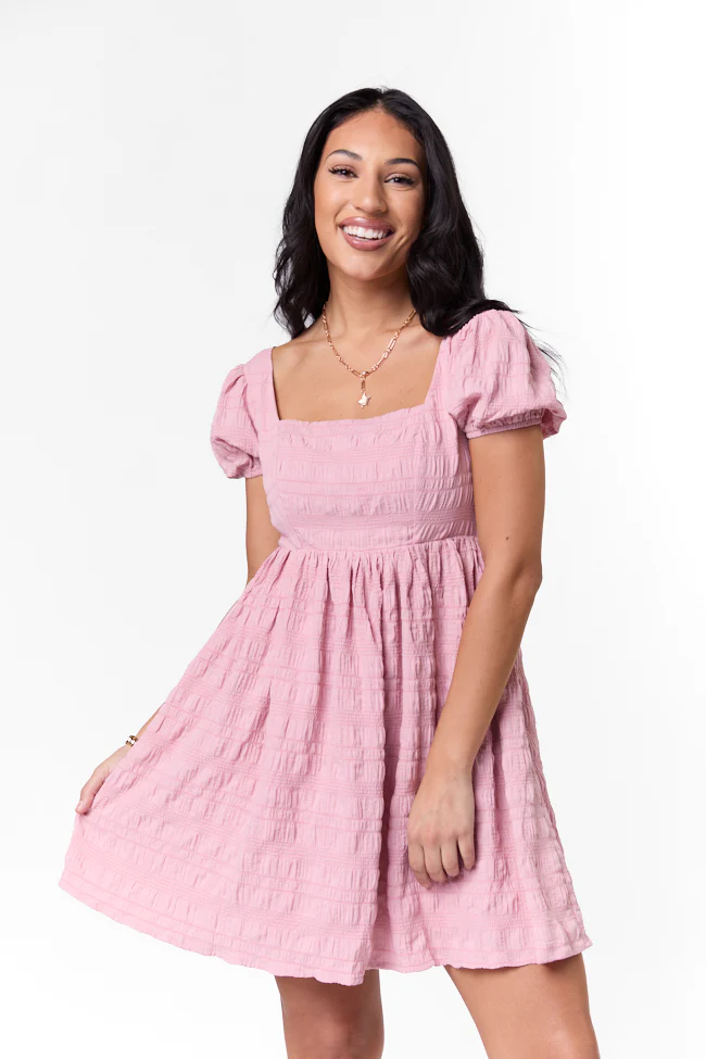 Breezing By Pink Textured Square Neck Mini Dress SALE - Terpint