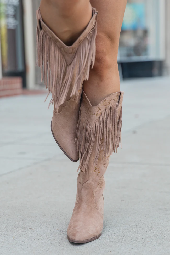 Fancy Suede Warm Taupe Fringe and Stars Boots SALE - Terpint