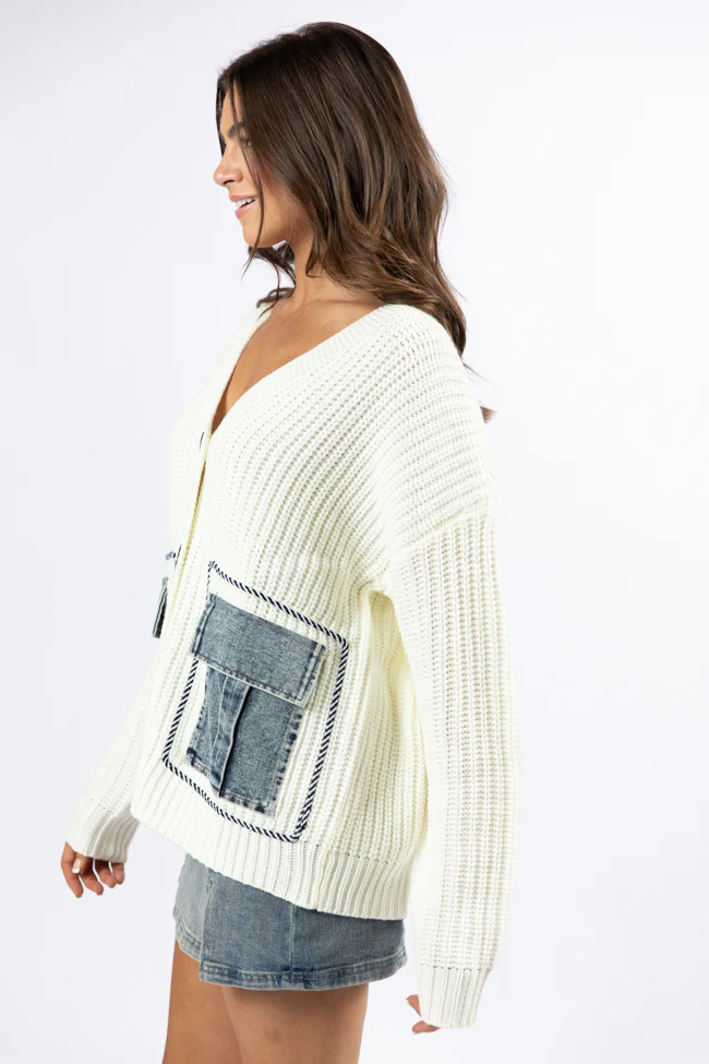Living For Today Ivory Denim Pocket Cardigan FINAL SALE - Terpint