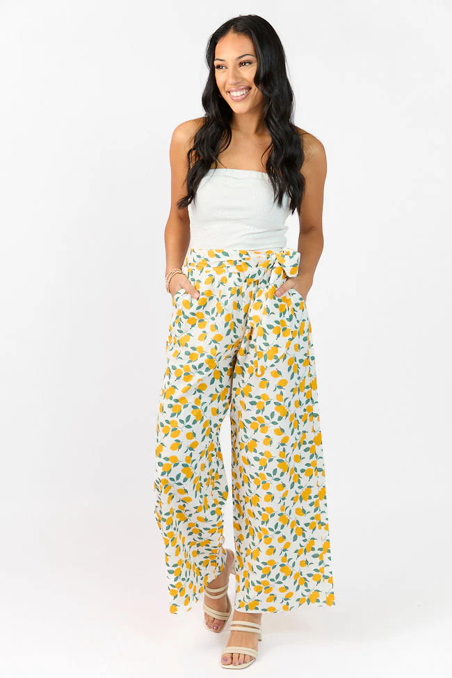 Main Squeeze Ivory Lemon Print Belted Wide Leg Pants FINAL SALE - Terpint