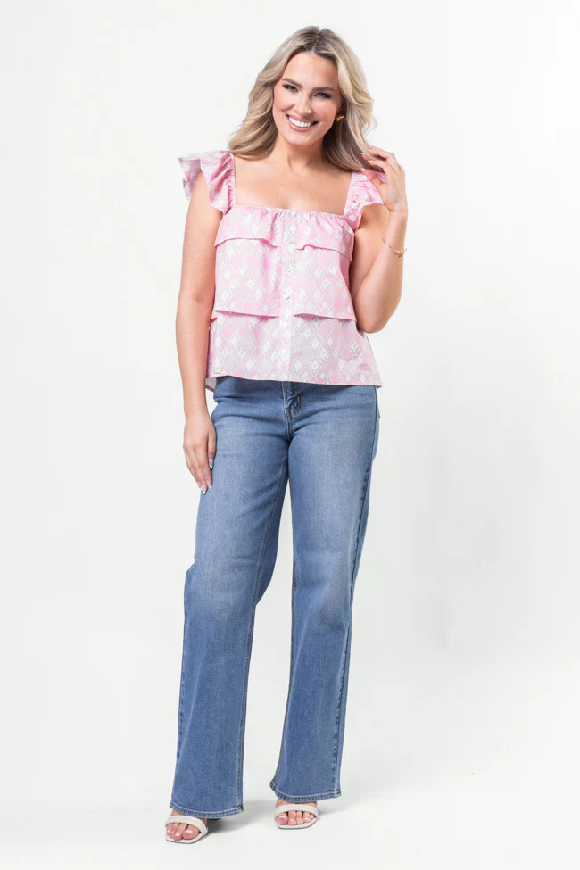 Wonderful Wildflowers Pink Print Button Front Tiered Tank SALE - Terpint