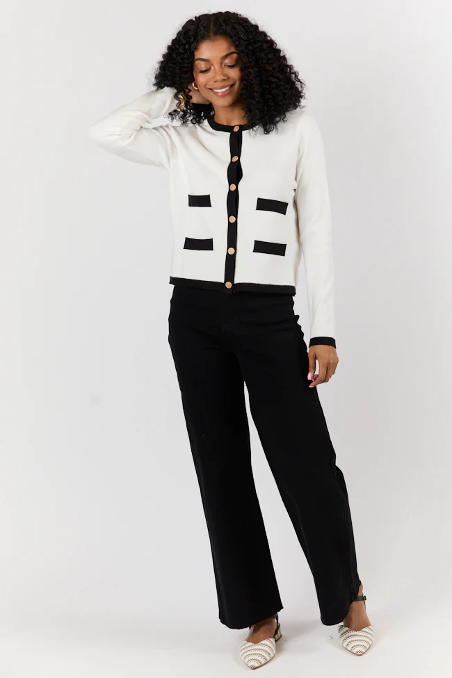 Forever Changing Ivory and Black Contrast Trim Cardigan FINAL SALE - Terpint