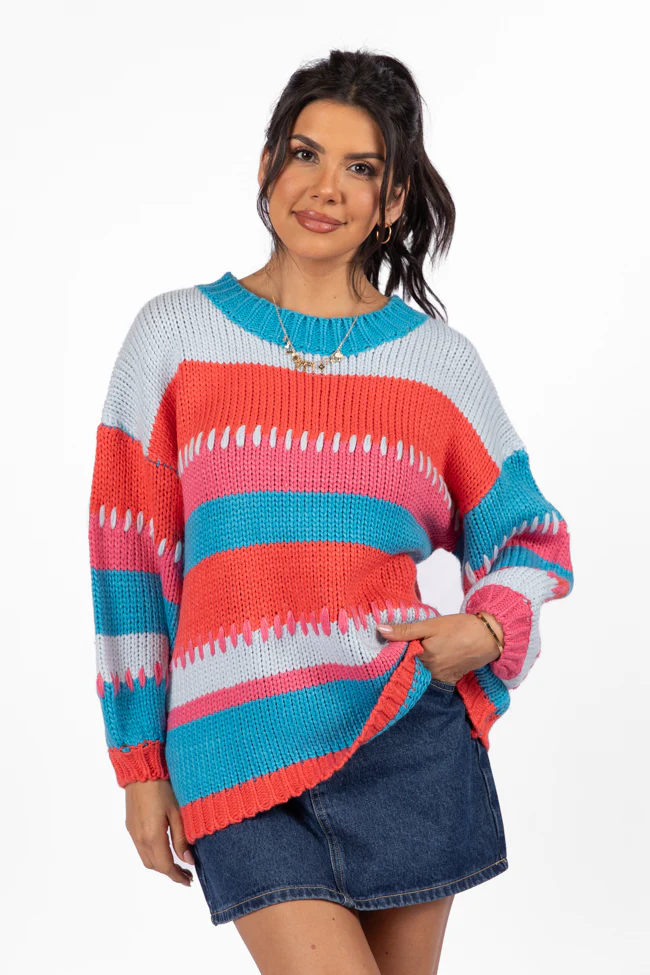 Something Extra Blue Multi Stripe Chunky Knit Stitch Detail Sweater FINAL SALE - Terpint