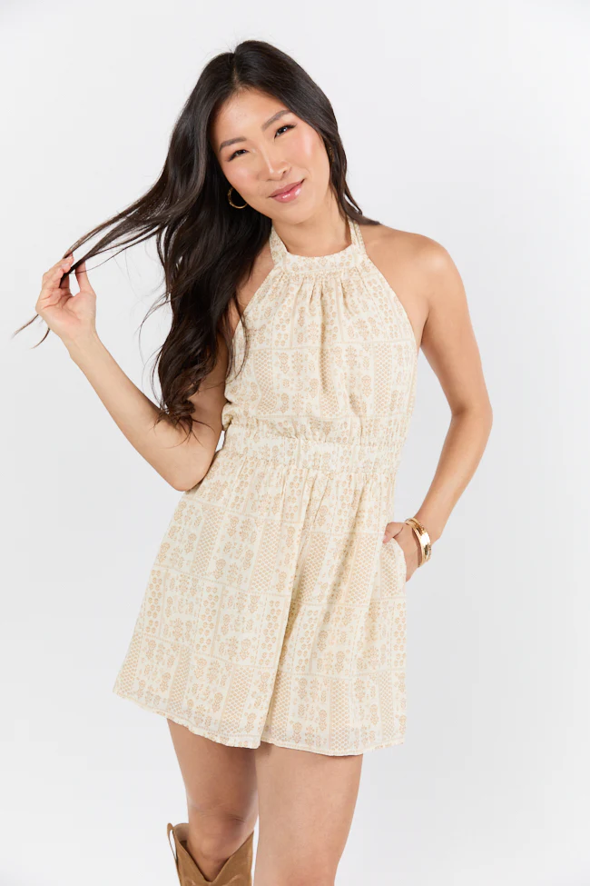On The Horizon Taupe Halter Neck Printed Romper DOORBUSTER - Terpint