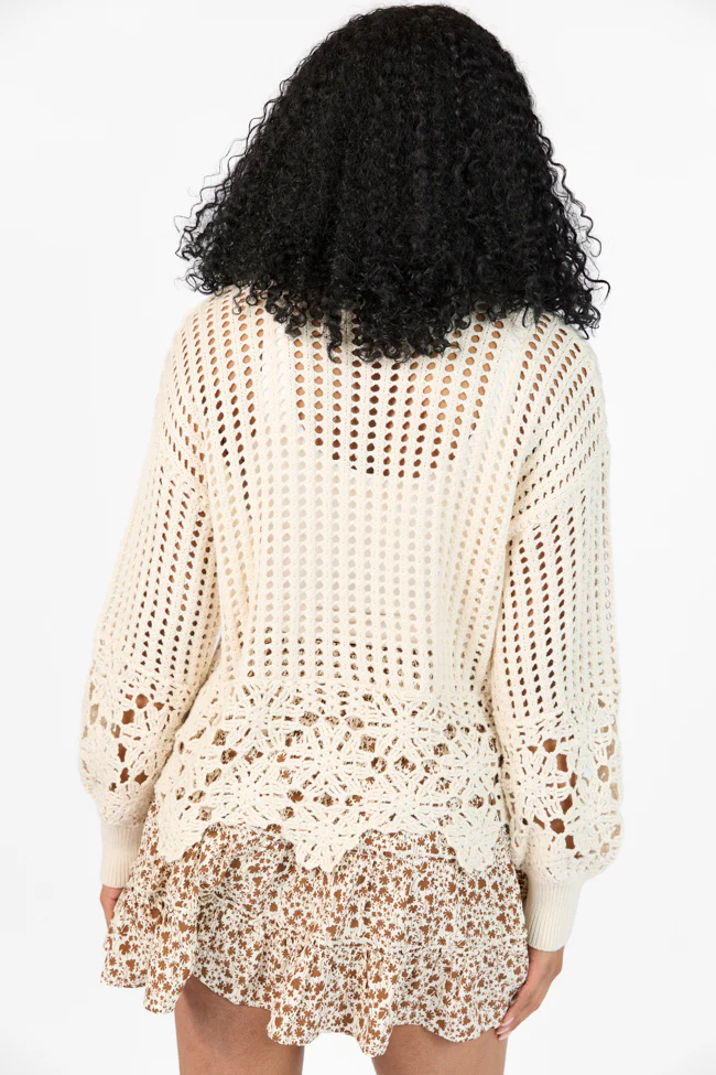 A Little Dramatic Crew Flower Trim Crochet Sweater - Terpint