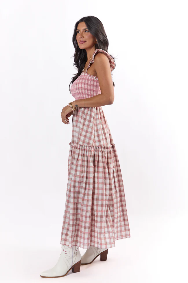 Checked Treasures Pink and Brown Plaid Tiered Midi Dress SALE - Terpint
