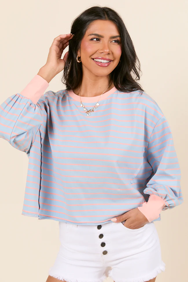 Susanna Long Sleeve Blue and Coral Stripe Knit Tee - Terpint