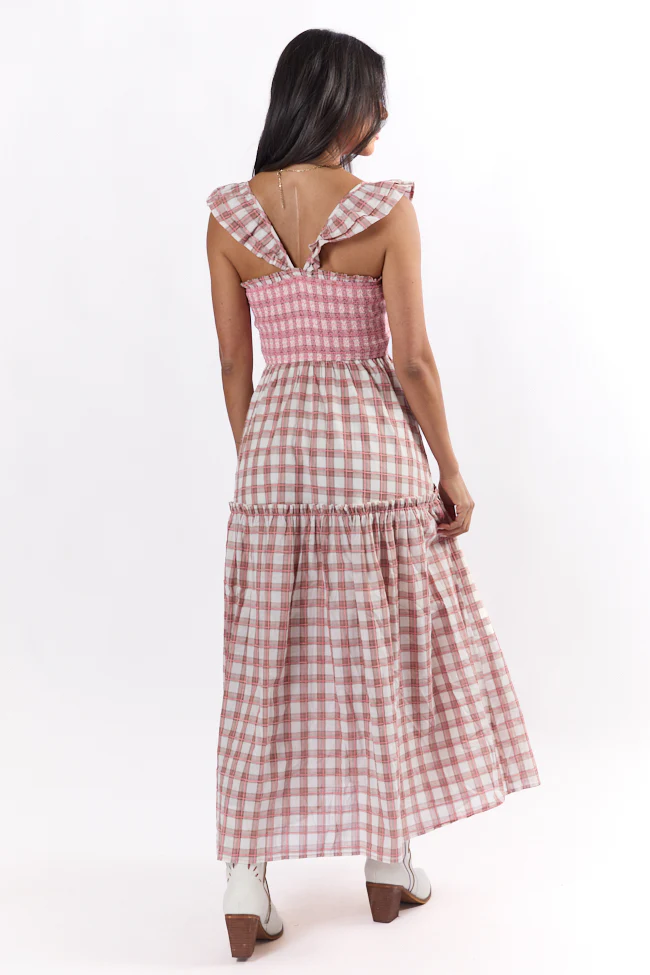 Checked Treasures Pink and Brown Plaid Tiered Midi Dress SALE - Terpint