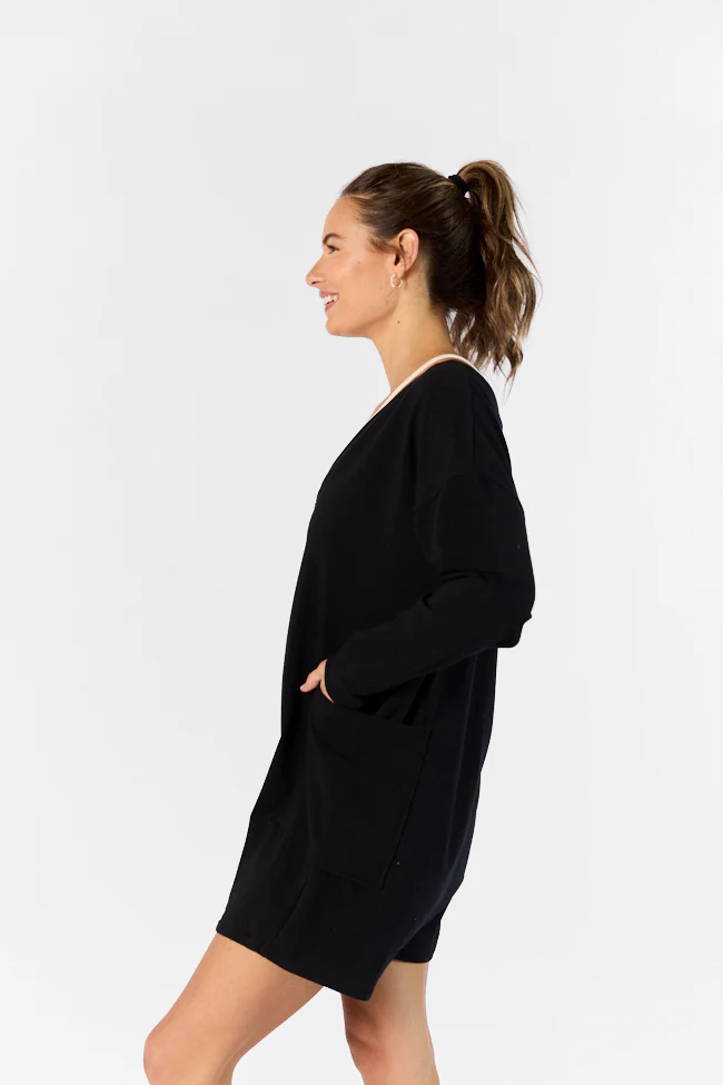 On A Daily Basis Black Deep V-Neck Pocketed Long Sleeve Romper FINAL SALE - Terpint