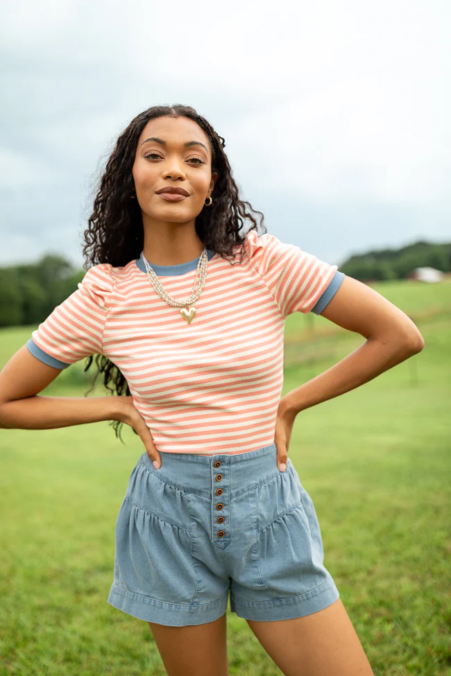 Hagan Gathered Short Sleeve Coral Stripe Knit Tee - Terpint