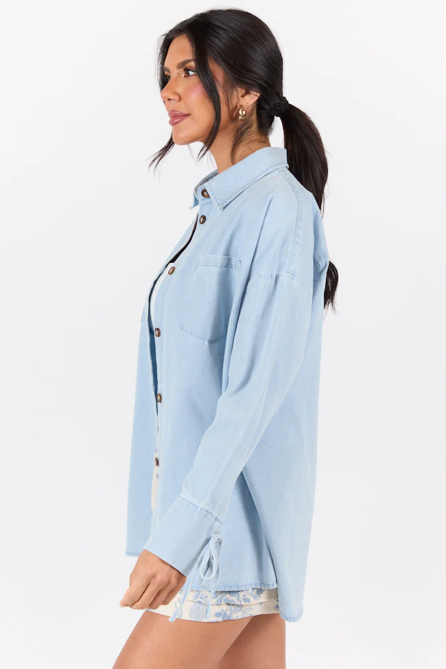 Different Plans Light Wash Chambray Button Down Blouse DOORBUSTER - Terpint