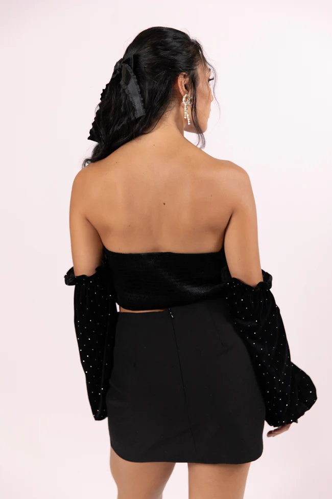 Brightest Star Black Off The Shoulder Rhinestone Studded Velvet Top FINAL SALE - Terpint