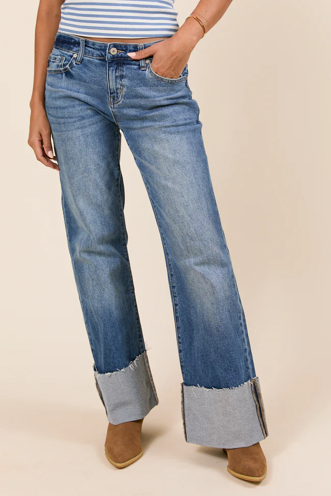 Jolie Dark Wash Mid Rise Wide Flare Cuffed Jeans - Terpint