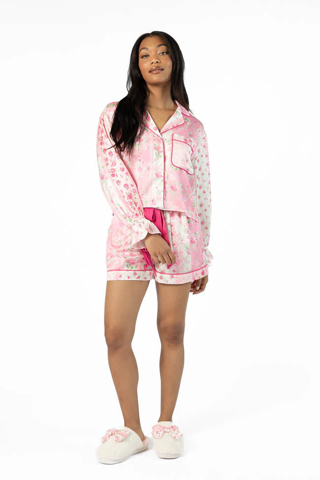 Don't Wake Me Up Pink Multi Floral Long Sleeve Satin Pajama Top SALE - Terpint