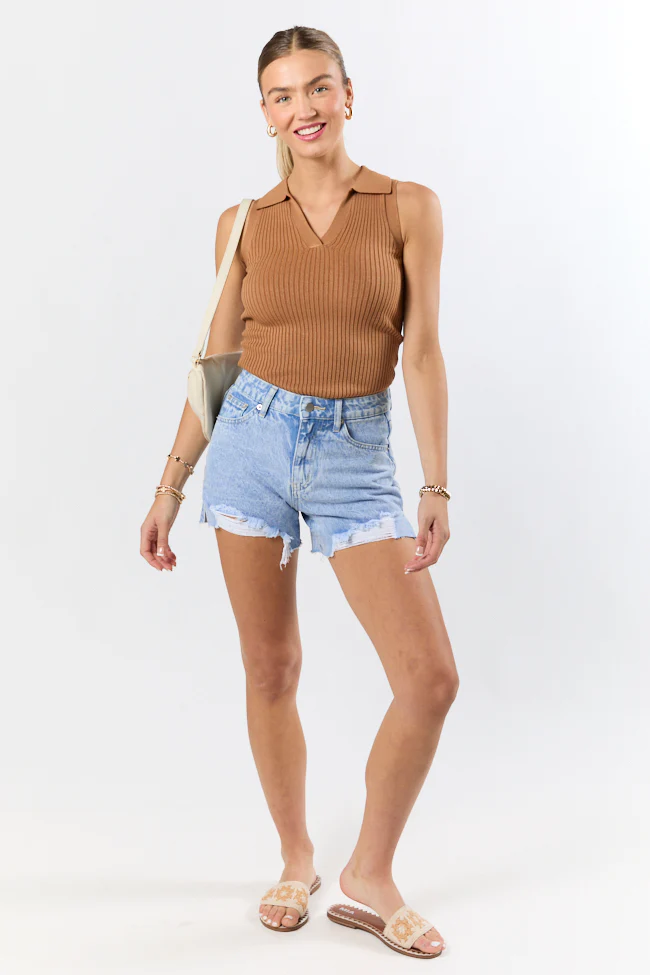 Nights Abroad Light Wash Distressed Denim Shorts DOORBUSTER - Terpint