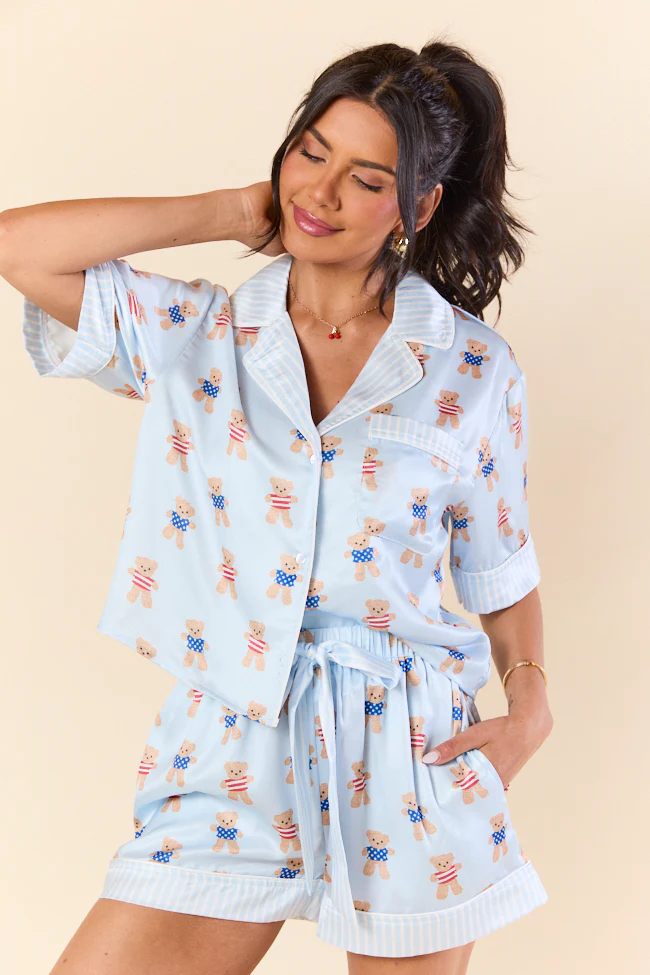 Bearly Asleep Teddy Bear Printed Short Sleeve Pajama Top FINAL SALE - Terpint