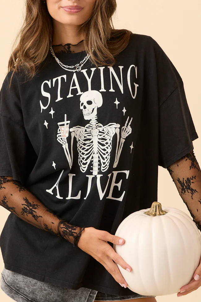 Staying Alive Black Oversized Graphic Tee DOORBUSTER - Terpint