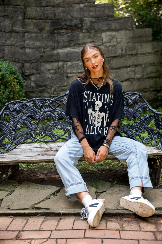 Staying Alive Black Oversized Graphic Tee DOORBUSTER - Terpint