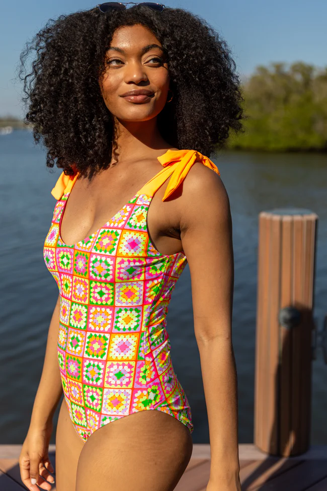 Sweet Life Multi Tie Strap Crochet Print One Piece Swimsuit FINAL SALE - Terpint