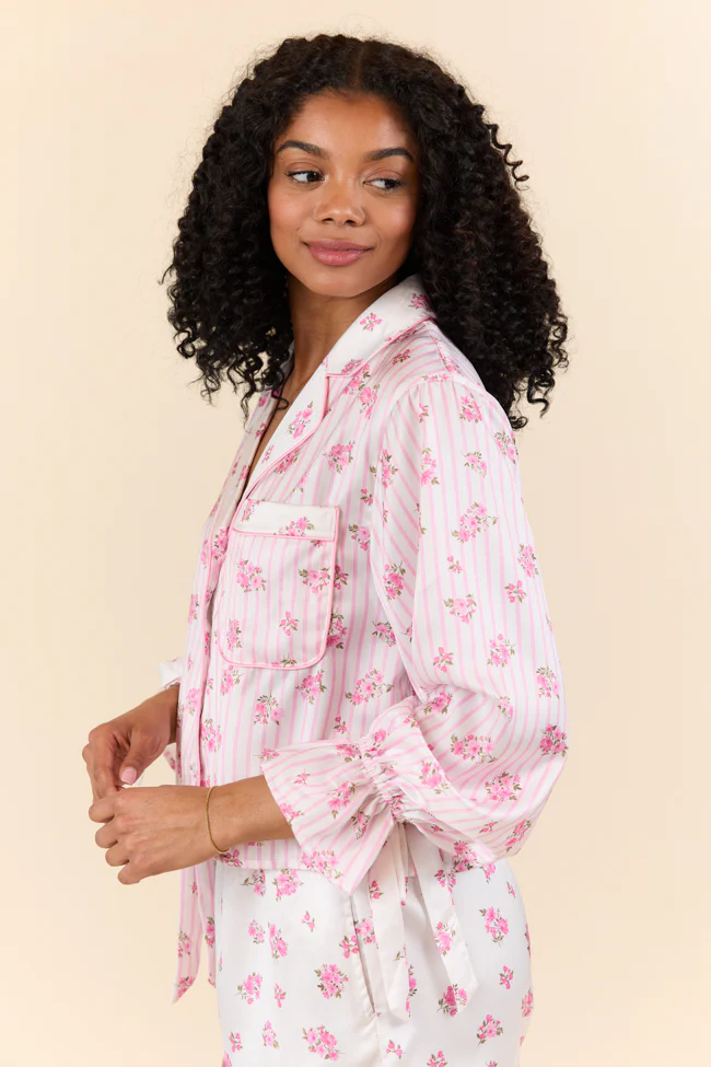 Sleep On My Side Pink Floral Satin Long Sleeve Pajama Top FINAL SALE - Terpint