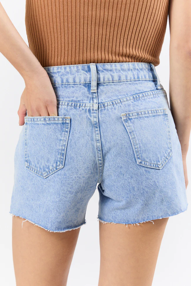 Nights Abroad Light Wash Distressed Denim Shorts DOORBUSTER - Terpint