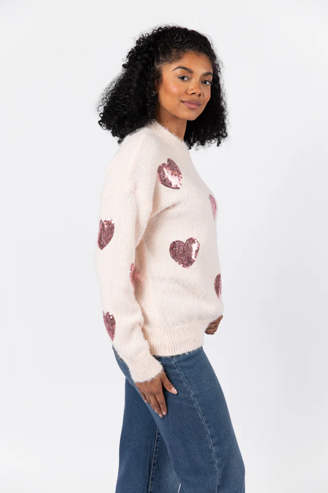 True Romance Blush Sequin Heart Sweater FINAL SALE - Terpint