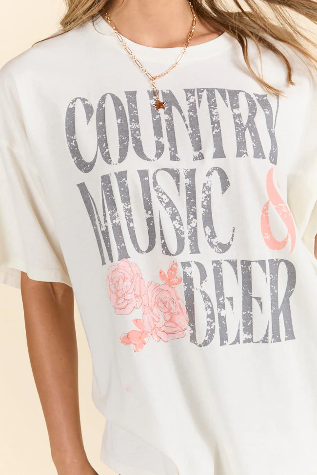 Country Music & Beer Off White Oversized Graphic Tee - Terpint