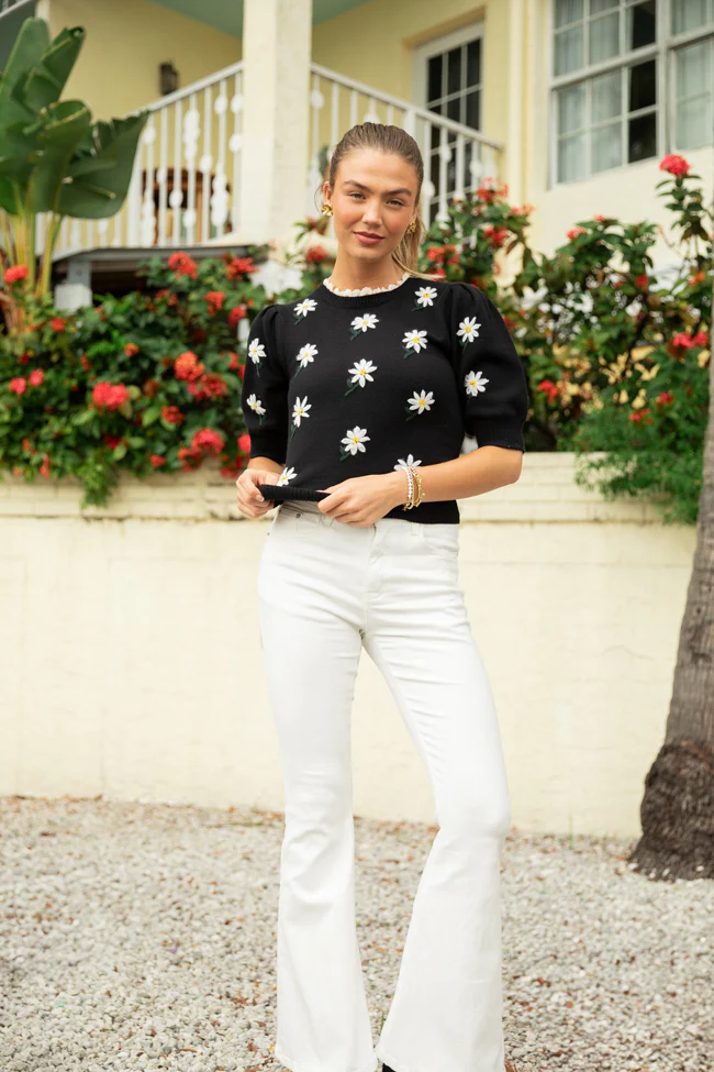 Around The Garden Black Floral Embroidered Lace Trim Short Sleeve Sweater FINAL SALE - Terpint