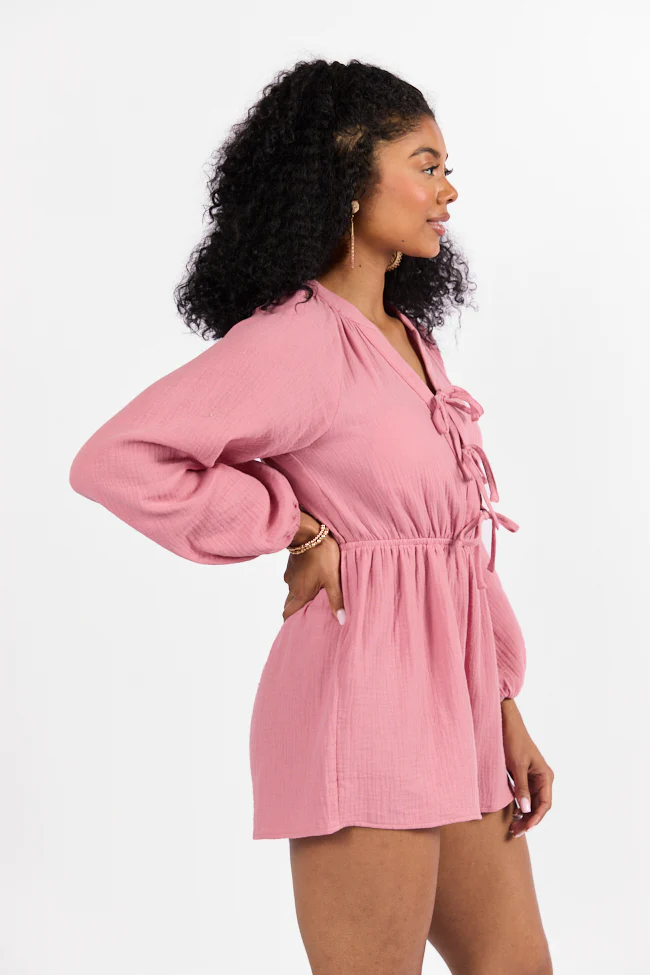 Endless Sunshine Pink Tie Front Long Sleeve Romper FINAL SALE - Terpint