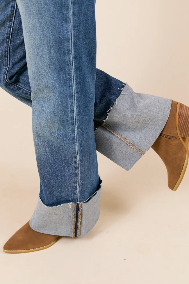 Jolie Dark Wash Mid Rise Wide Flare Cuffed Jeans - Terpint