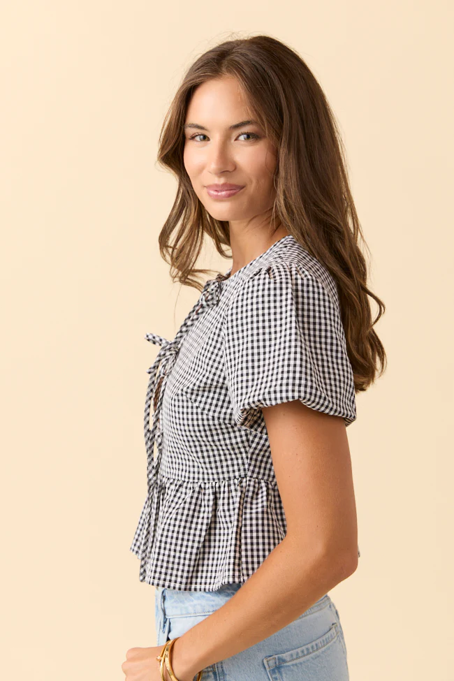 Mila Black Gingham Tie Front Flounce Woven Blouse DOORBUSTER - Terpint