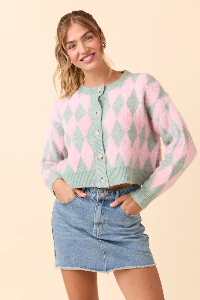 Peyton Long Sleeve Pink and Mint Argyle Cardigan - Terpint