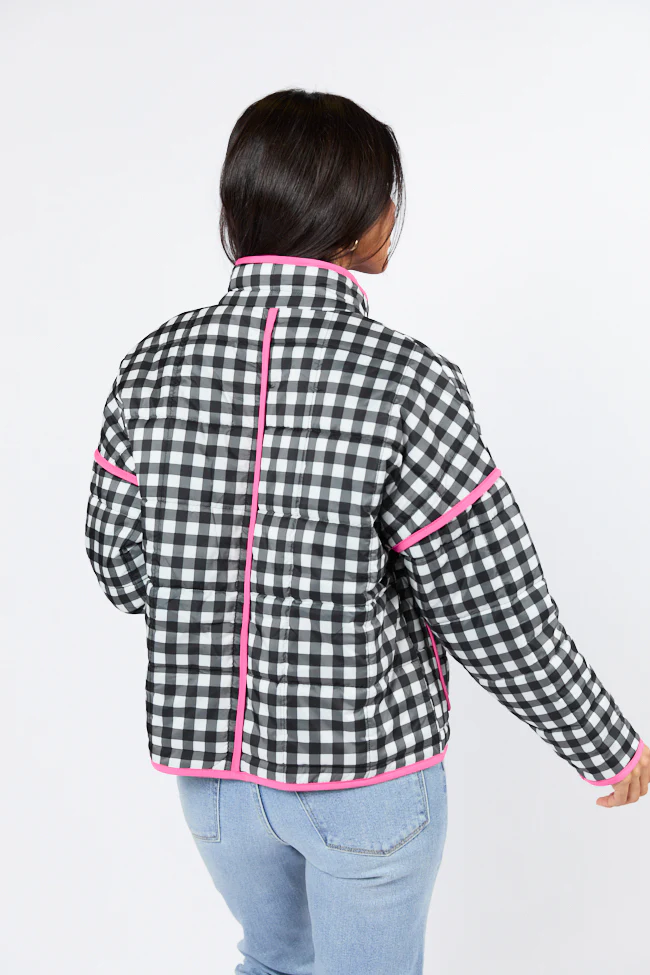 Going For It Black Gingham Printed Zip Up Jacket FINAL SALE - Terpint