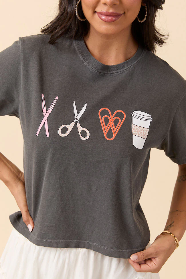 School Supplies Dark Grey Boxy Graphic Tee - Terpint