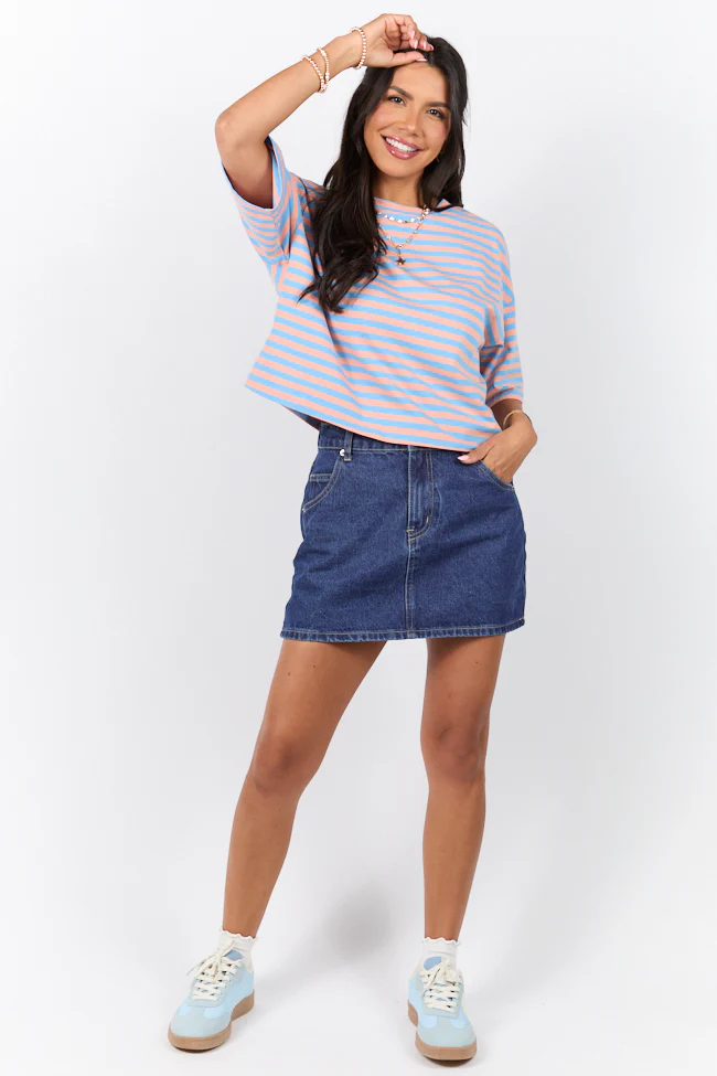 Keep It Casual Blue and Coral Multi Boxy Striped Tee DOORBUSTER - Terpint