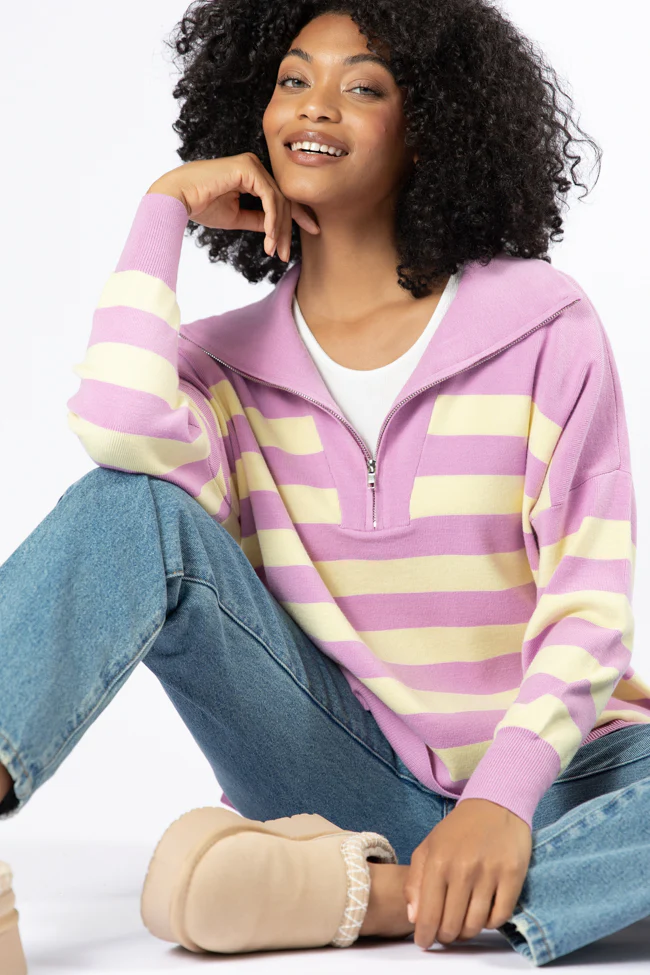 Pulling Heartstrings Purple And Yellow Striped Quarter Zip Pullover FINAL SALE - Terpint