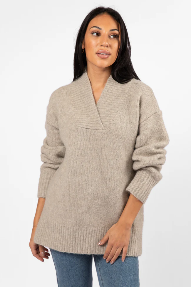 Relax Oatmeal Slouchy V-Neck Sweater FINAL SALE - Terpint