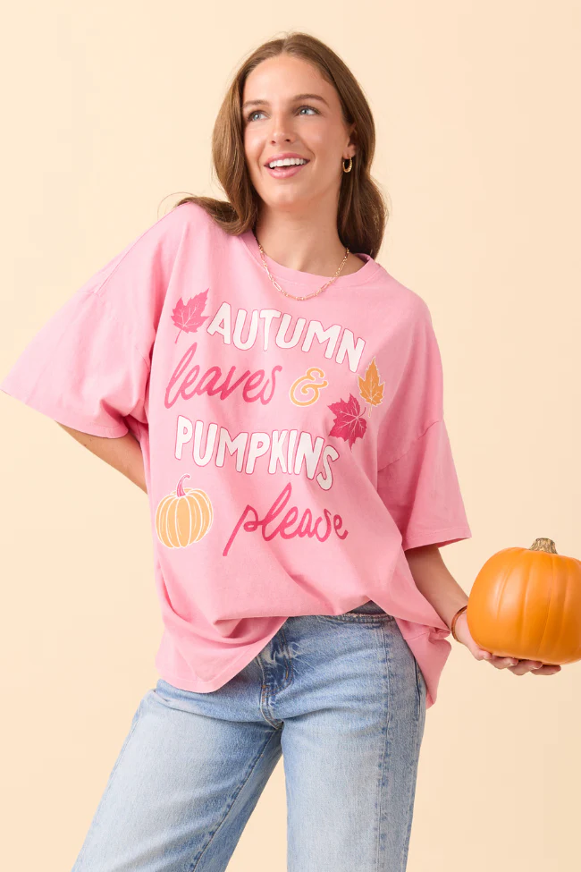 Autumn Leaves & Pumpkins Please Taffy Pink Oversized Graphic Tee - Terpint