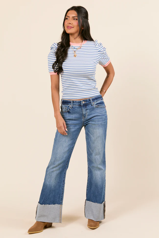 Hagan Gathered Short Sleeve Blue Stripe Knit Tee - Terpint