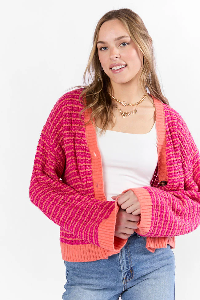 Triple Take Pink and Orange Woven Textured Knit Cardigan FINAL SALE - Terpint
