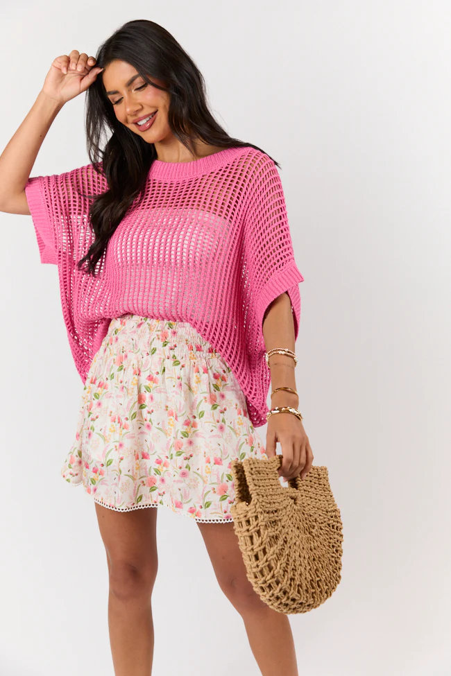 Wave Of Relief Pink Short Sleeve Open Knit Cover Up Sweater FINAL SALE - Terpint