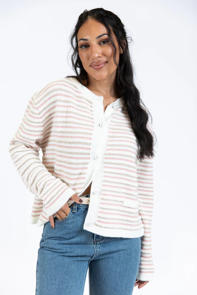 Abundant Mindset Ivory Multi Fuzzy Striped Cardigan FINAL SALE - Terpint