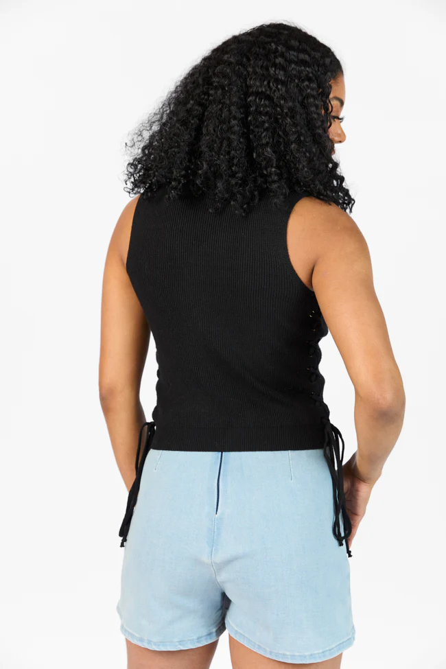 Strike The Right Note Black Corset Side Detail Sweater Tank - Terpint