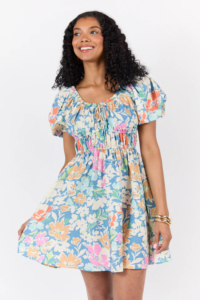 Remember Me Teal Multi Floral Short Sleeve Mini Dress DOORBUSTER - Terpint
