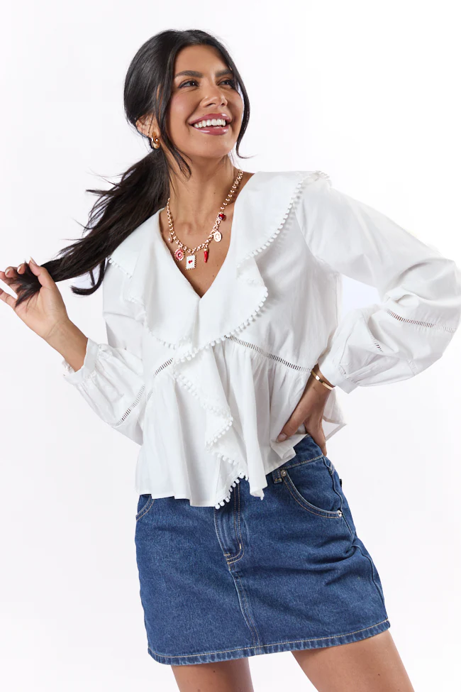 Burn The Breeze Ivory Ladder Detail Ruffle Front Blouse FINAL SALE - Terpint
